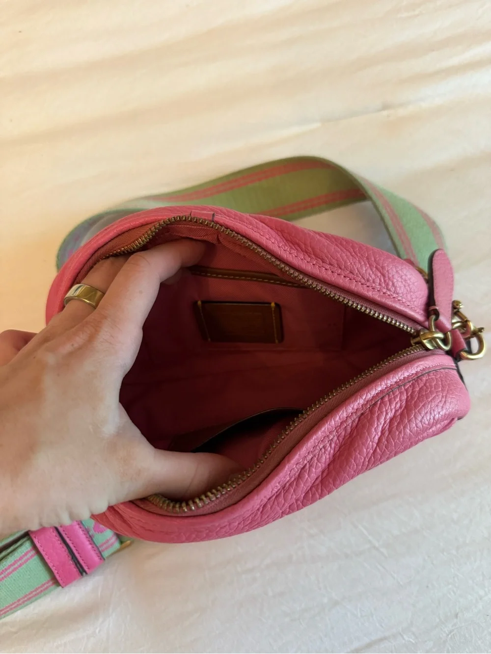 Coach Pink Leather Crossbody with Green Logo Strap